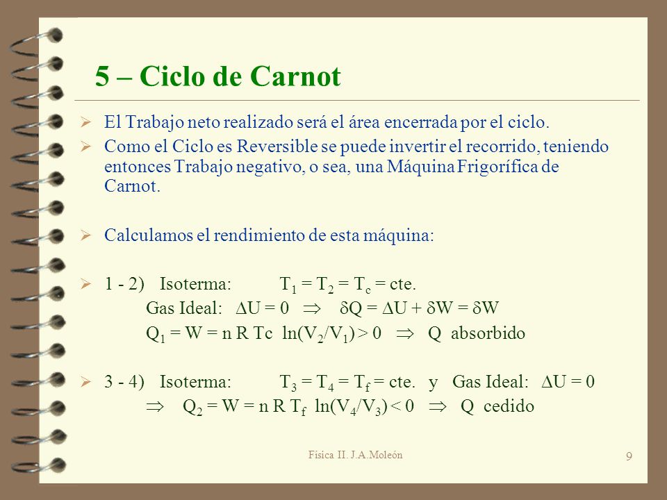 5 – Ciclo de Carnot El Trabajo neto realizado será el área encerrada por el ciclo.