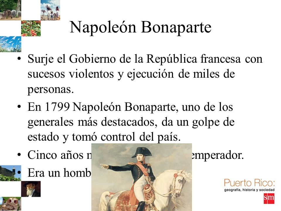 Napoleón Bonaparte Surje el Gobierno de la República francesa con sucesos violentos y ejecución de miles de personas.