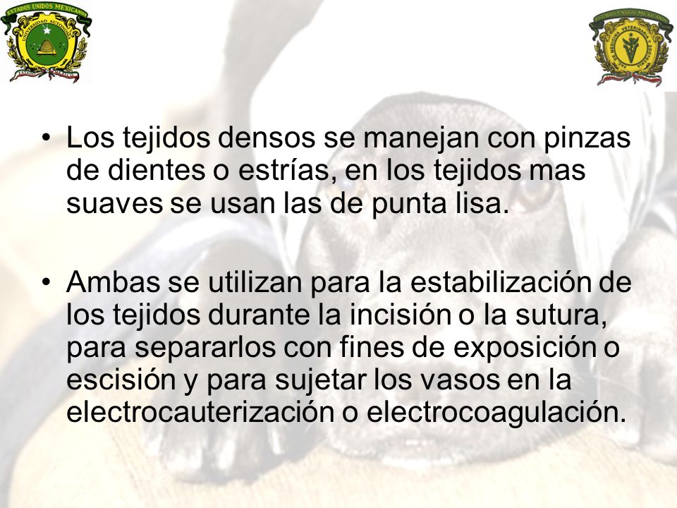 Los tejidos densos se manejan con pinzas de dientes o estrías, en los tejidos mas suaves se usan las de punta lisa.