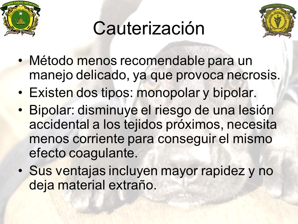 Cauterización Método menos recomendable para un manejo delicado, ya que provoca necrosis. Existen dos tipos: monopolar y bipolar.