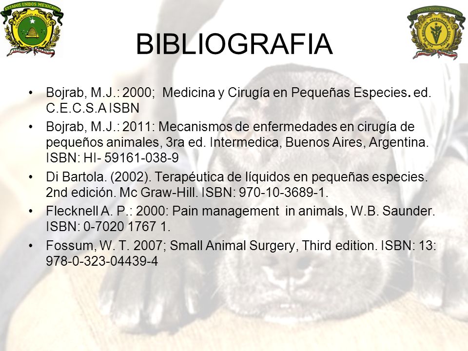 BIBLIOGRAFIA Bojrab, M.J.: 2000; Medicina y Cirugía en Pequeñas Especies. ed. C.E.C.S.A ISBN.