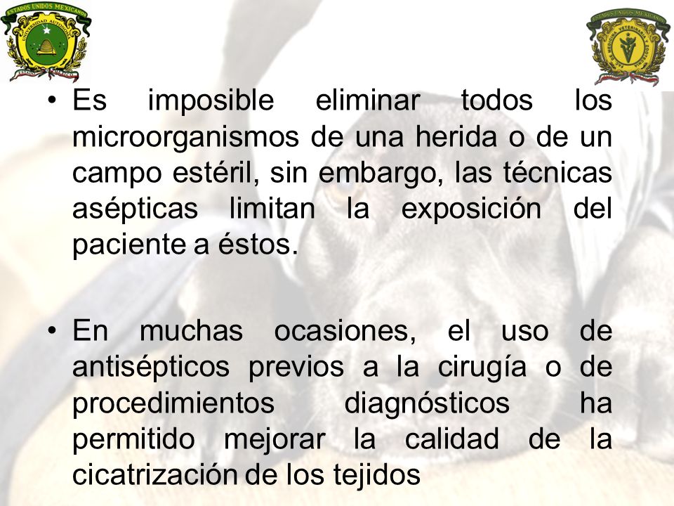 Es imposible eliminar todos los microorganismos de una herida o de un campo estéril, sin embargo, las técnicas asépticas limitan la exposición del paciente a éstos.