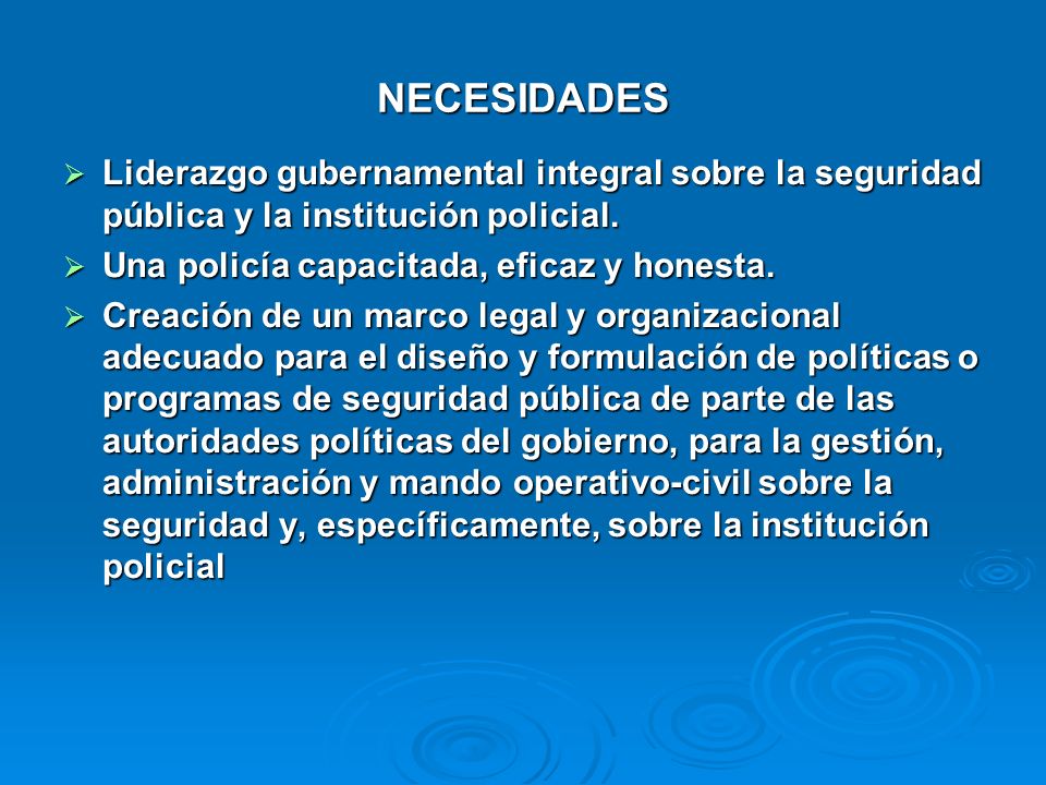 NECESIDADES Liderazgo gubernamental integral sobre la seguridad pública y la institución policial. Una policía capacitada, eficaz y honesta.
