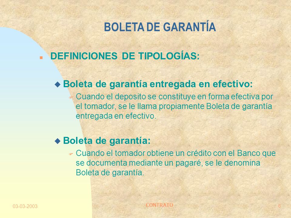 BOLETA DE GARANTÍA DEFINICIONES DE TIPOLOGÍAS:
