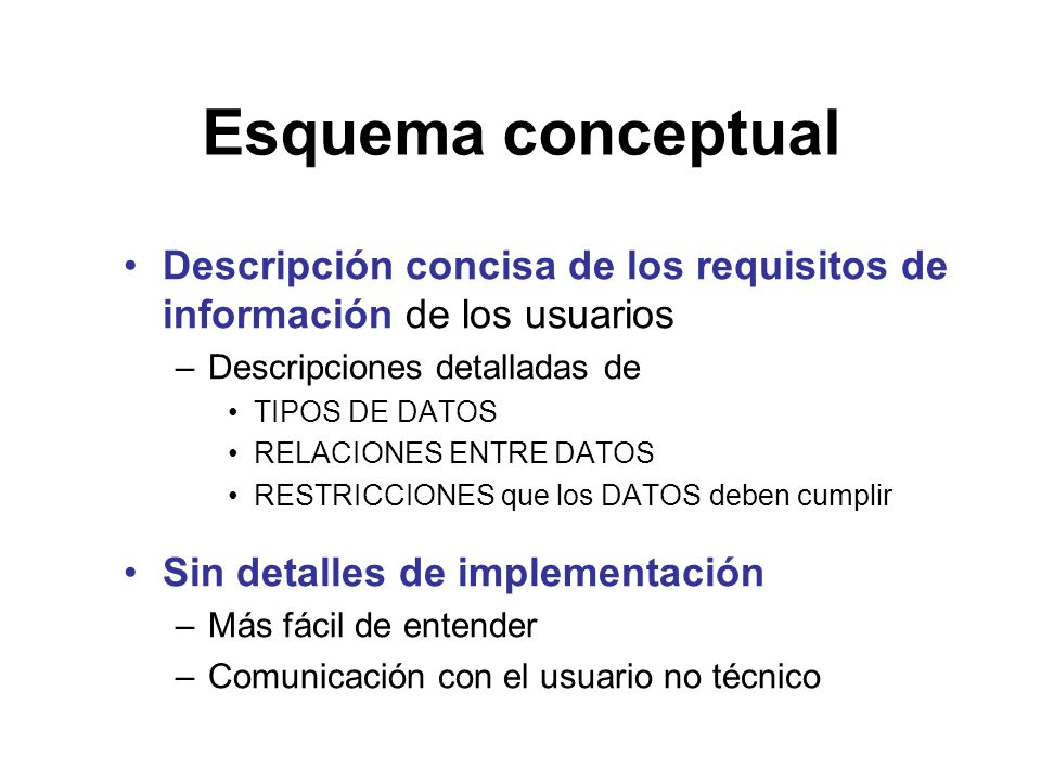 Esquema conceptual Descripción concisa de los requisitos de información de los usuarios. Descripciones detalladas de.