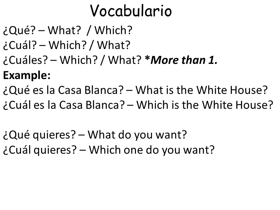 Vocabulario ¿Qué – What / Which ¿Cuál – Which / What