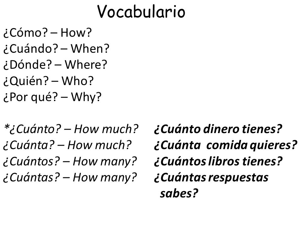 Vocabulario ¿Cómo – How ¿Cuándo – When ¿Dónde – Where