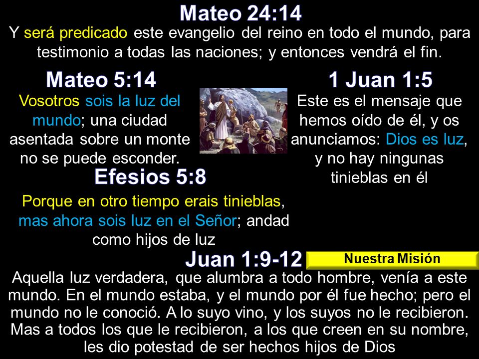 Mateo 24:14 Mateo 5:14 1 Juan 1:5 Efesios 5:8 Juan 1:9-12