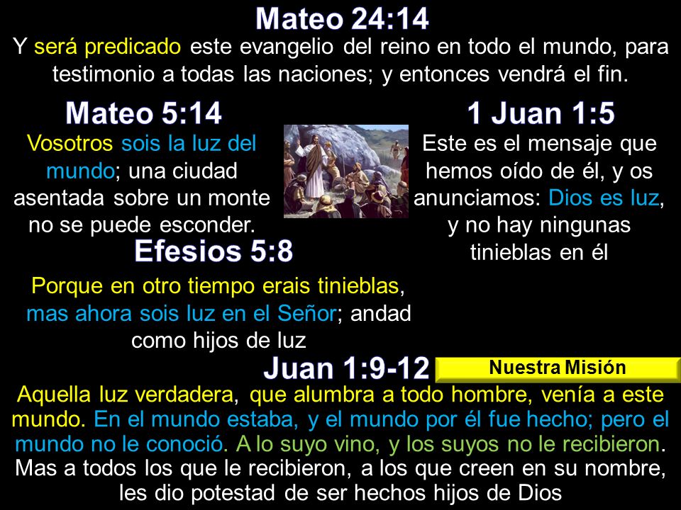 Mateo 24:14 Mateo 5:14 1 Juan 1:5 Efesios 5:8 Juan 1:9-12