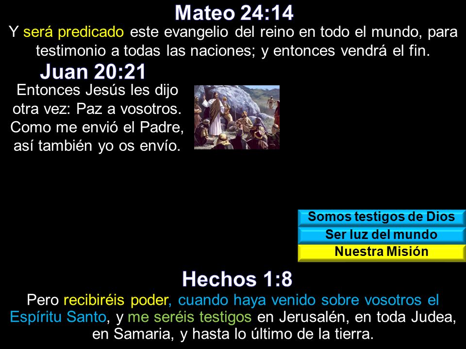 Mateo 24:14 Y será predicado este evangelio del reino en todo el mundo, para testimonio a todas las naciones; y entonces vendrá el fin.