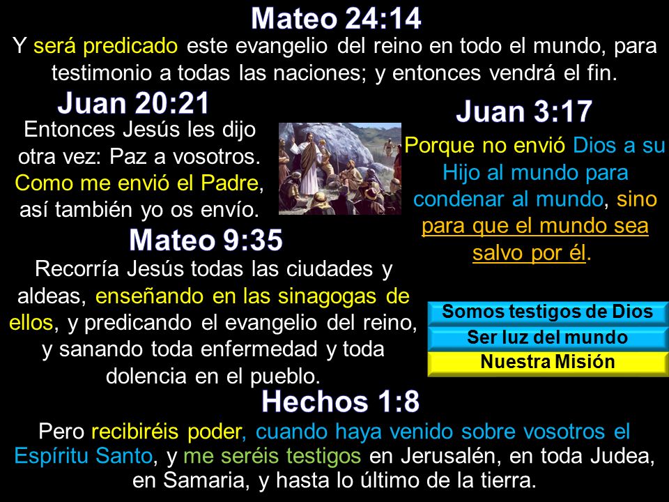 Mateo 24:14 Juan 20:21 Juan 3:17 Mateo 9:35 Hechos 1:8