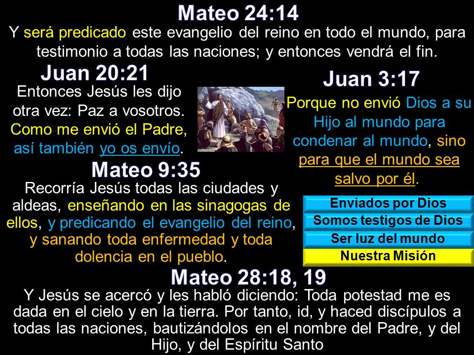 Mateo 24:14 Juan 20:21 Juan 3:17 Mateo 9:35 Mateo 28:18, 19