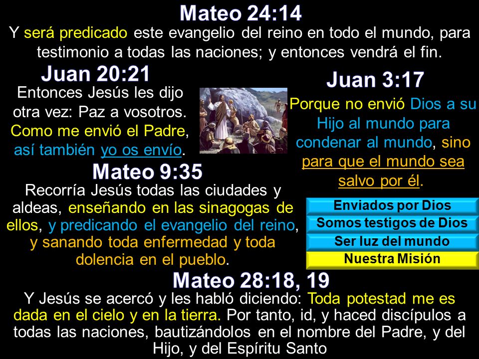 Mateo 24:14 Juan 20:21 Juan 3:17 Mateo 9:35 Mateo 28:18, 19