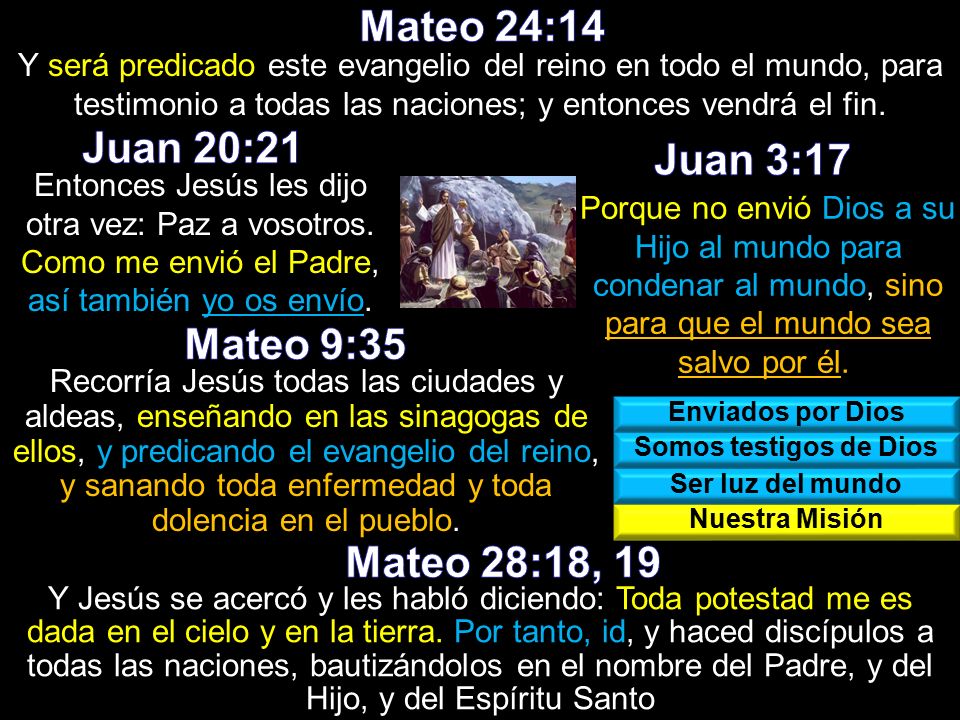 Mateo 24:14 Juan 20:21 Juan 3:17 Mateo 9:35 Mateo 28:18, 19
