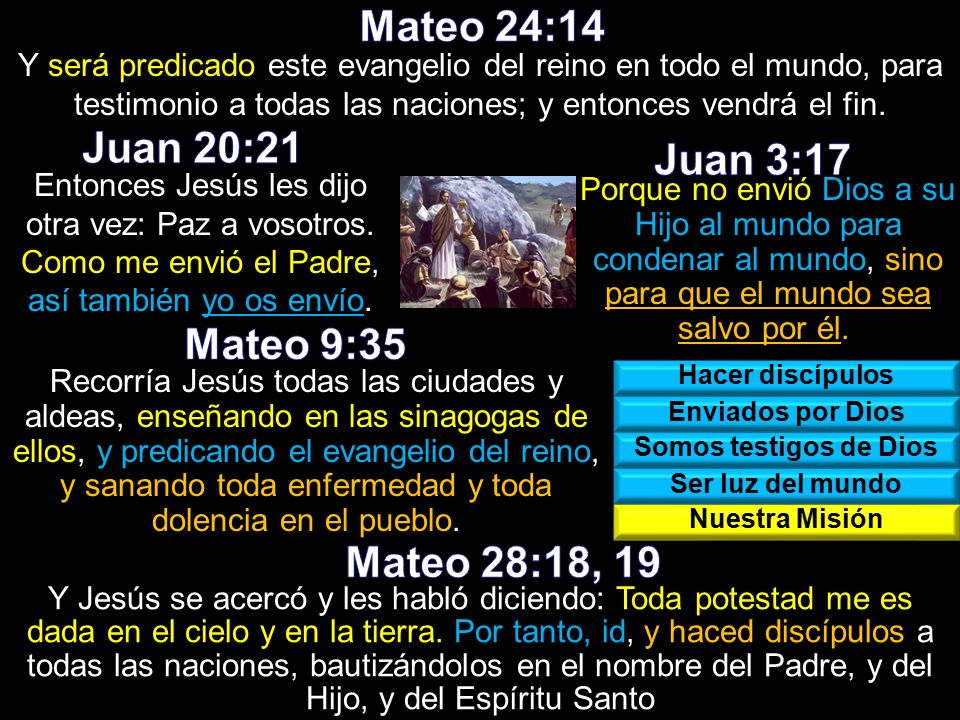 Mateo 24:14 Juan 20:21 Juan 3:17 Mateo 9:35 Mateo 28:18, 19