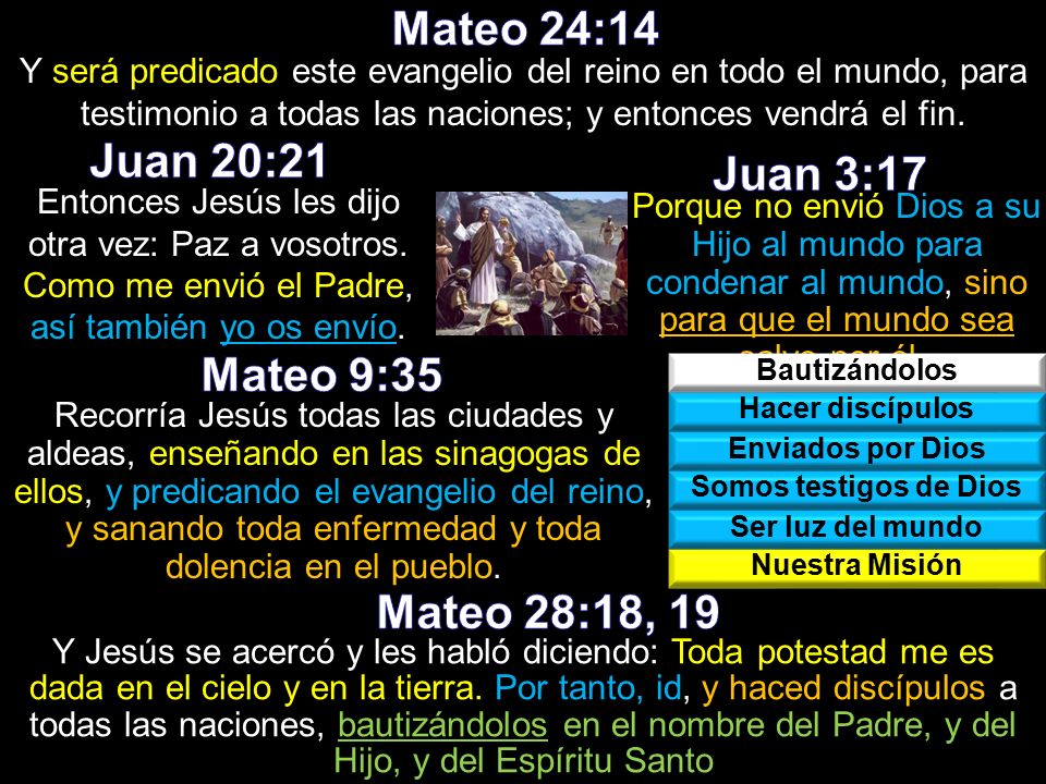 Mateo 24:14 Juan 20:21 Juan 3:17 Mateo 9:35 Mateo 28:18, 19
