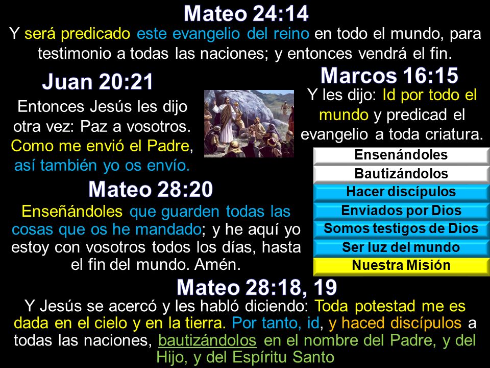 Mateo 24:14 Marcos 16:15 Juan 20:21 Mateo 28:20 Mateo 28:18, 19