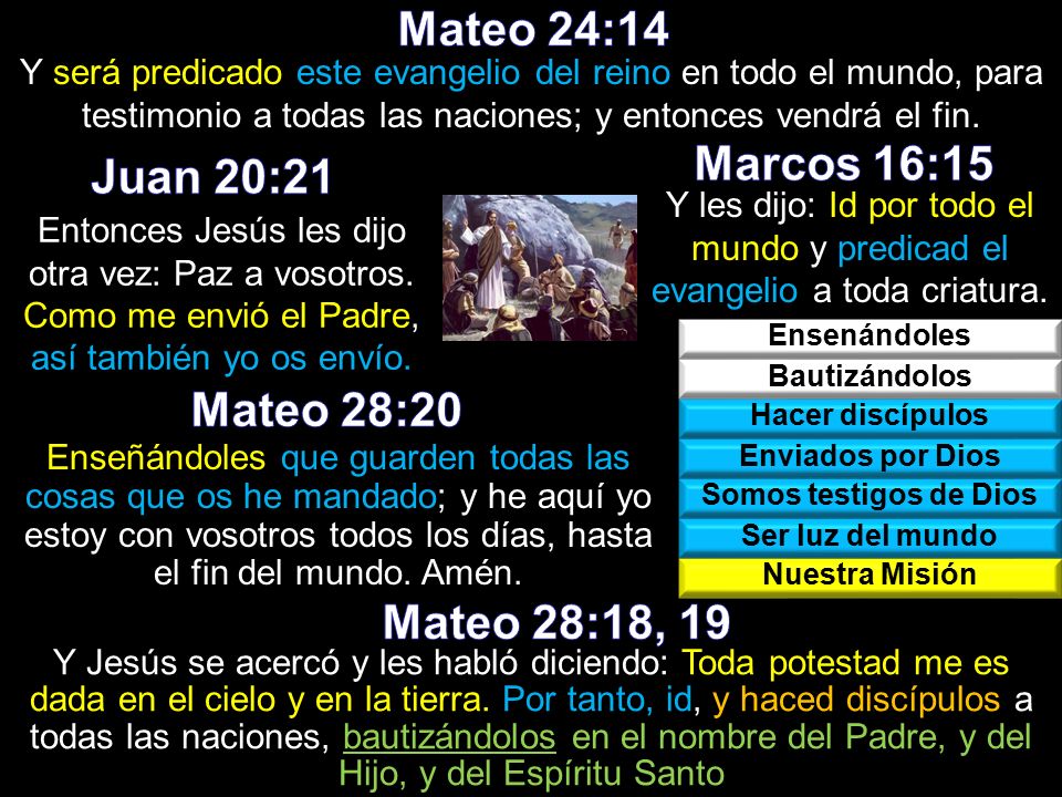 Mateo 24:14 Marcos 16:15 Juan 20:21 Mateo 28:20 Mateo 28:18, 19