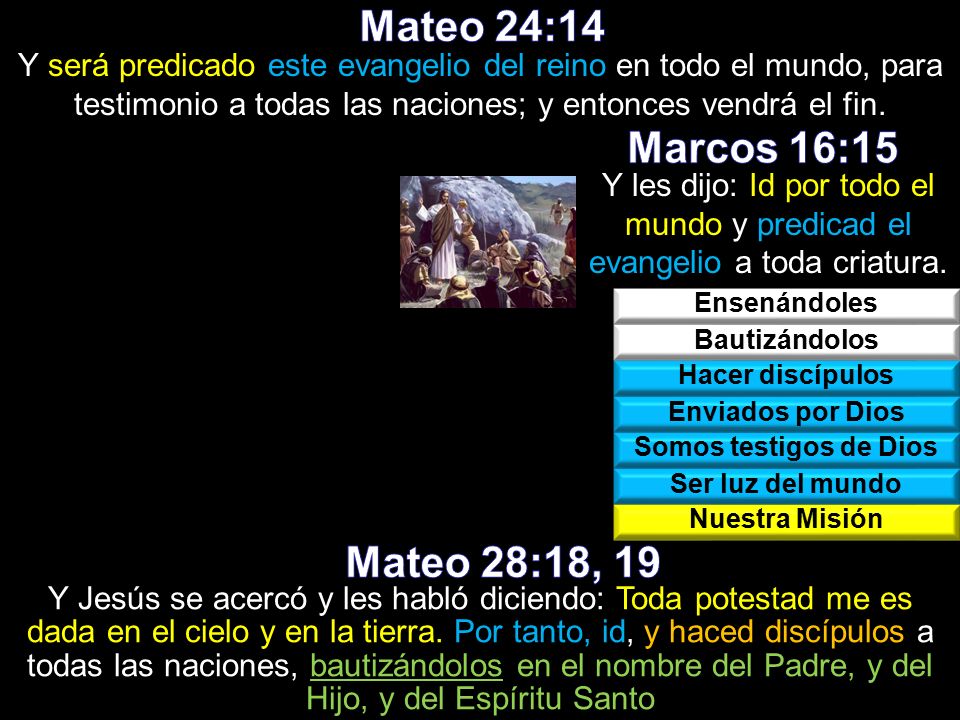 Mateo 24:14 Y será predicado este evangelio del reino en todo el mundo, para testimonio a todas las naciones; y entonces vendrá el fin.