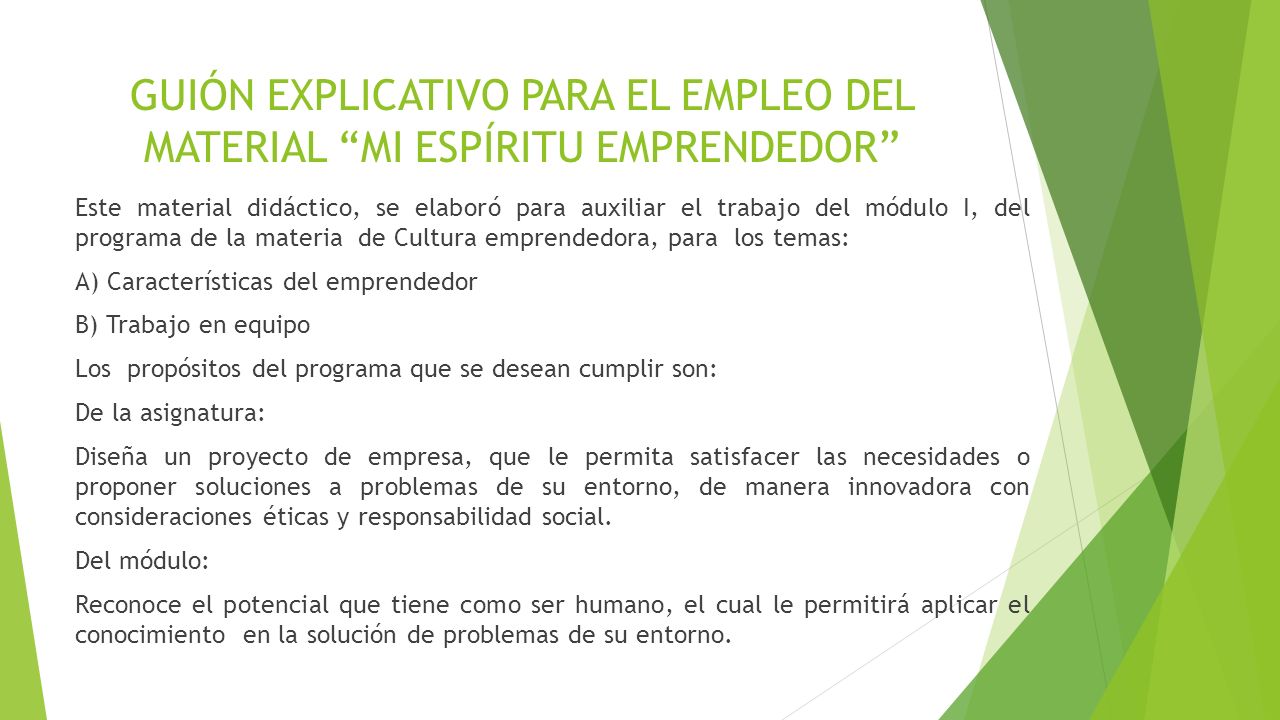GUIÓN EXPLICATIVO PARA EL EMPLEO DEL MATERIAL MI ESPÍRITU EMPRENDEDOR