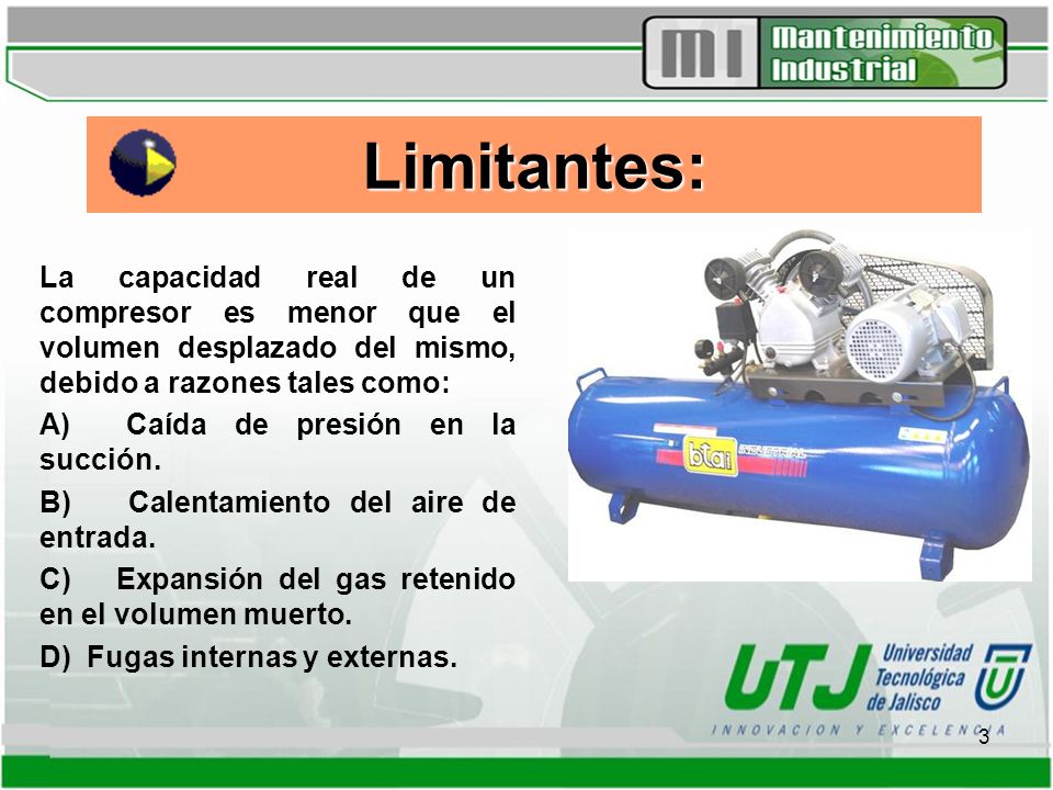 Limitantes: La capacidad real de un compresor es menor que el volumen desplazado del mismo, debido a razones tales como: