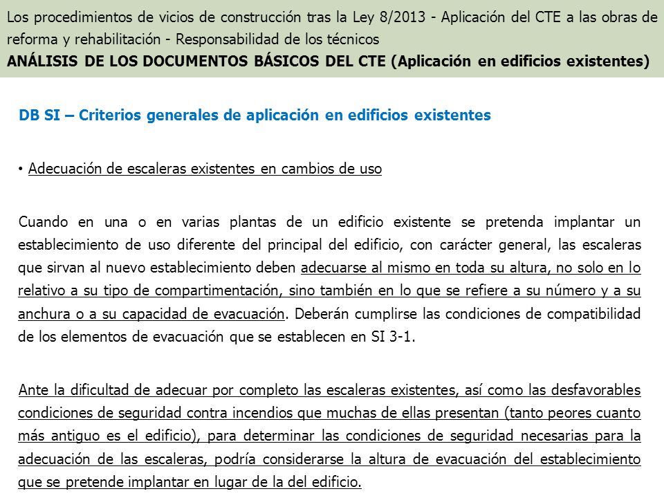 DB SI – Criterios generales de aplicación en edificios existentes
