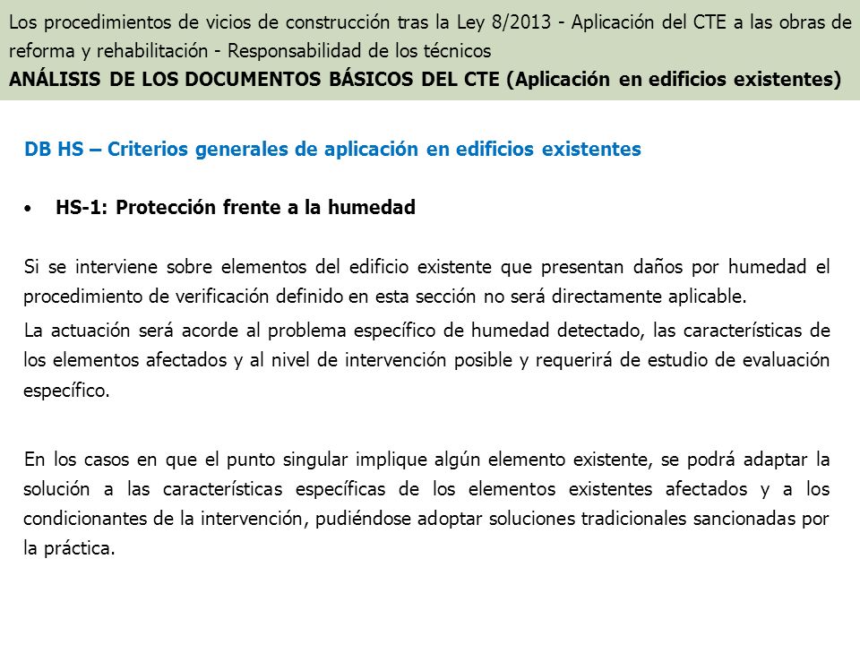 DB HS – Criterios generales de aplicación en edificios existentes