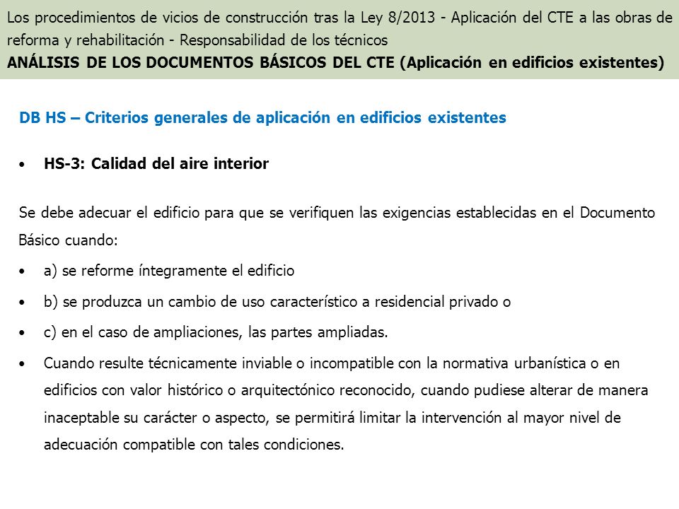DB HS – Criterios generales de aplicación en edificios existentes