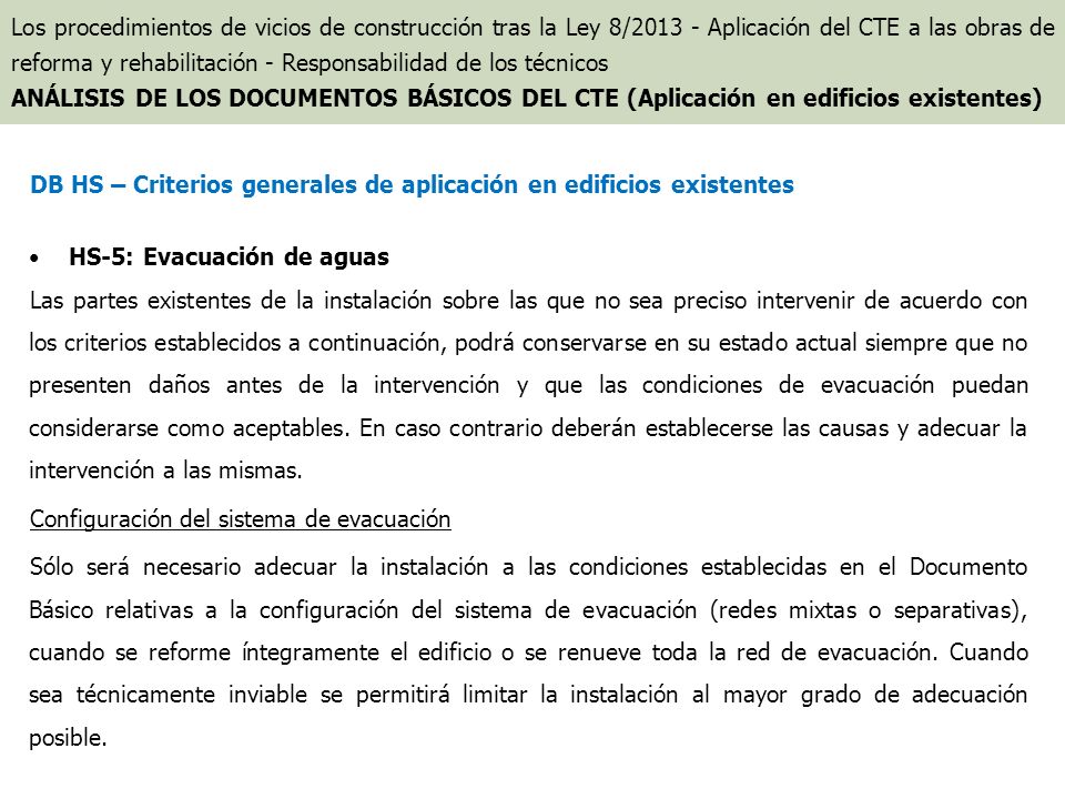 DB HS – Criterios generales de aplicación en edificios existentes