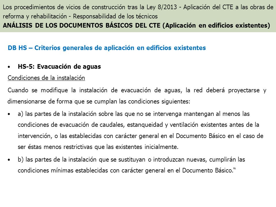 DB HS – Criterios generales de aplicación en edificios existentes