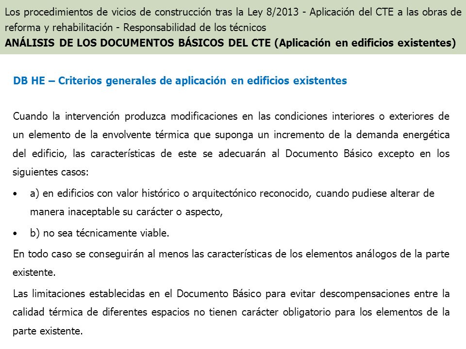 DB HE – Criterios generales de aplicación en edificios existentes