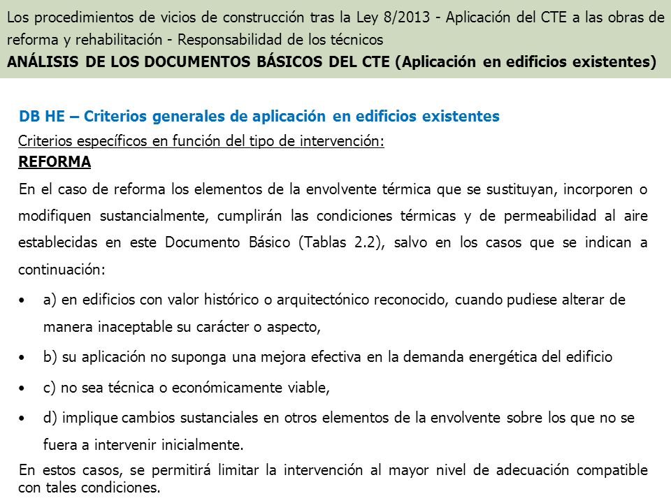 DB HE – Criterios generales de aplicación en edificios existentes