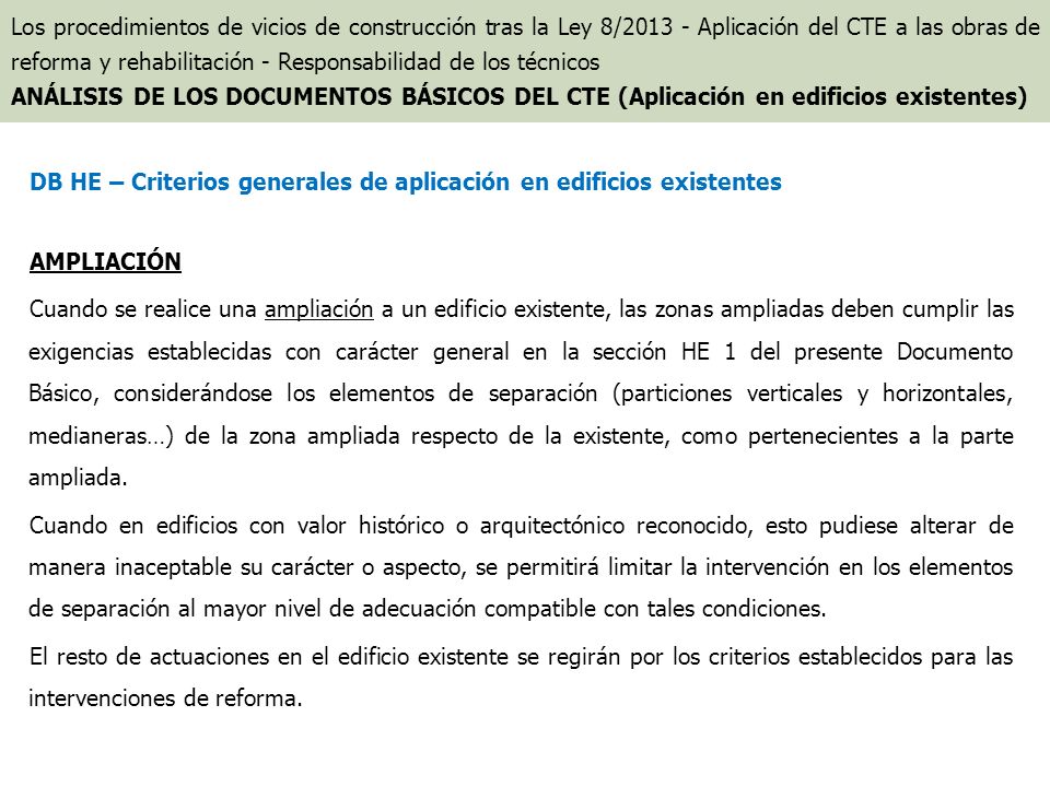 DB HE – Criterios generales de aplicación en edificios existentes