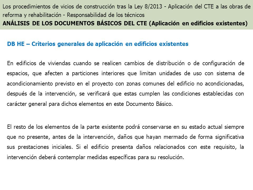 DB HE – Criterios generales de aplicación en edificios existentes