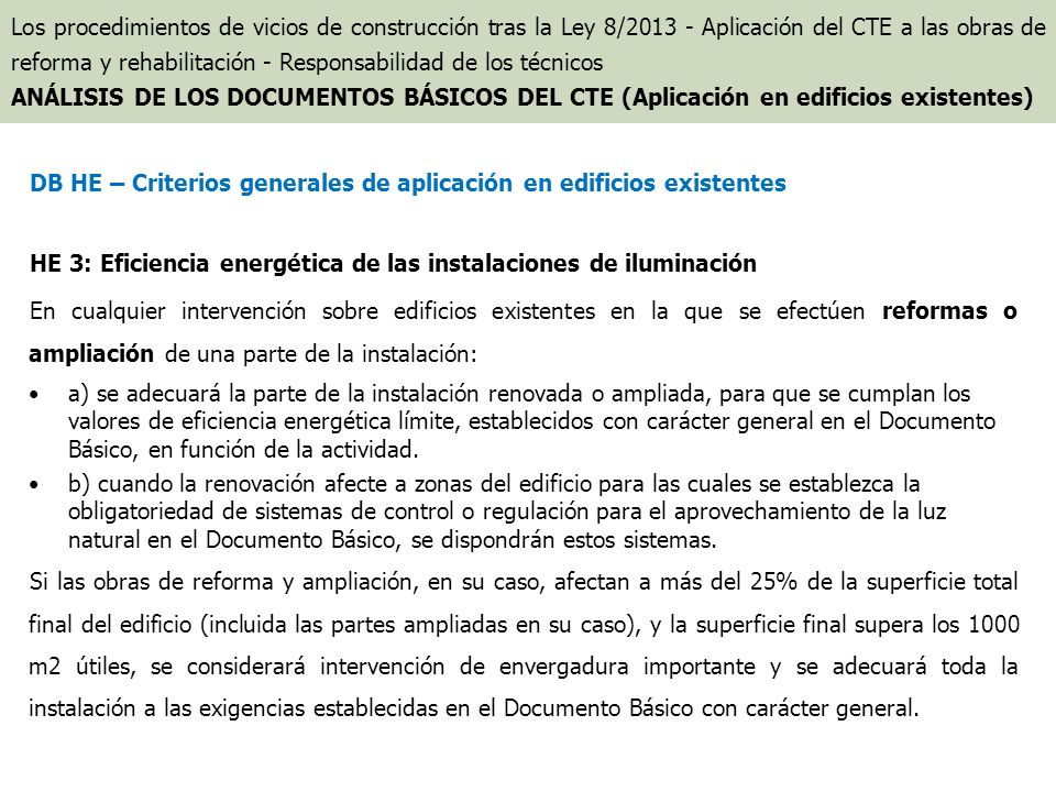 DB HE – Criterios generales de aplicación en edificios existentes