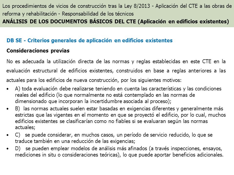 DB SE - Criterios generales de aplicación en edificios existentes