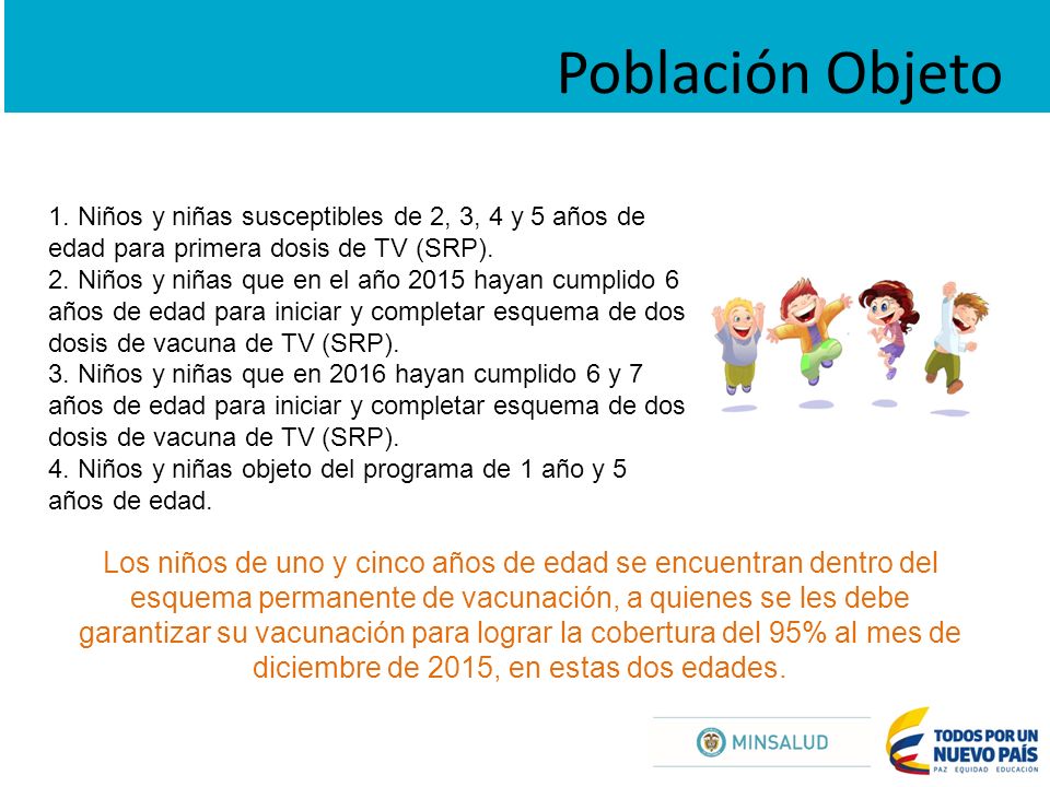 Población Objeto 1. Niños y niñas susceptibles de 2, 3, 4 y 5 años de edad para primera dosis de TV (SRP).