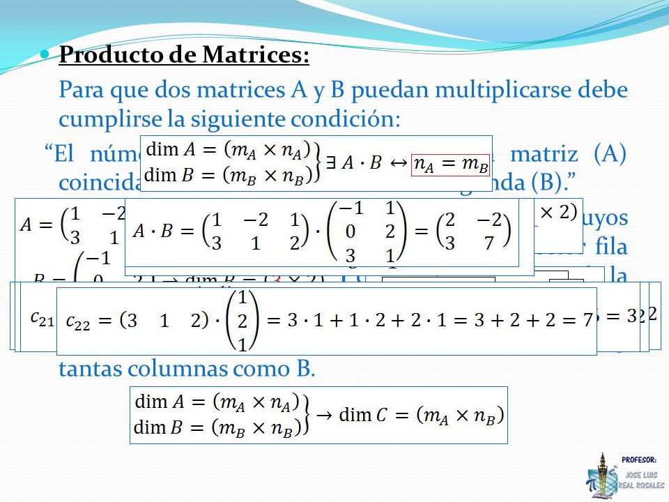 Producto de Matrices: Para que dos matrices A y B puedan multiplicarse debe cumplirse la siguiente condición: