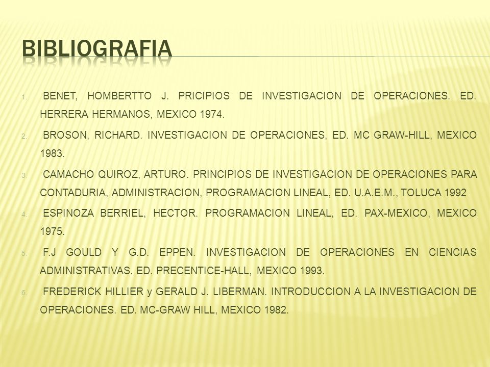 BIBLIOGRAFIA BENET, HOMBERTTO J. PRICIPIOS DE INVESTIGACION DE OPERACIONES. ED. HERRERA HERMANOS, MEXICO