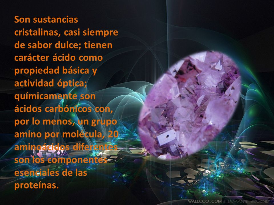 Son sustancias cristalinas, casi siempre de sabor dulce; tienen carácter ácido como propiedad básica y actividad óptica; químicamente son ácidos carbónicos con, por lo menos, un grupo amino por molécula, 20 aminoácidos diferentes son los componentes esenciales de las proteínas.