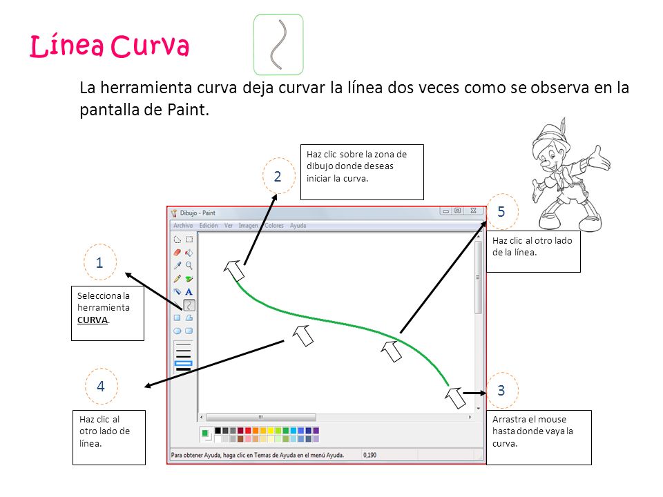 Línea Curva La herramienta curva deja curvar la línea dos veces como se observa en la pantalla de Paint.