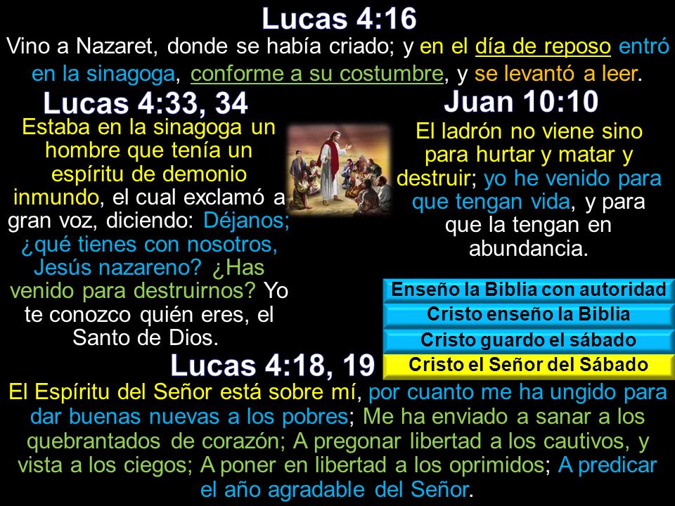 Lucas 4:16 Lucas 4:33, 34 Juan 10:10 Lucas 4:18, 19