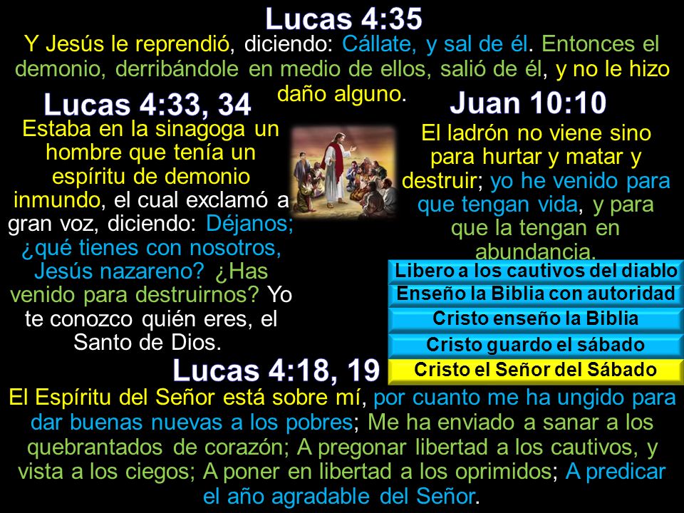 Lucas 4:35 Lucas 4:33, 34 Juan 10:10 Lucas 4:18, 19