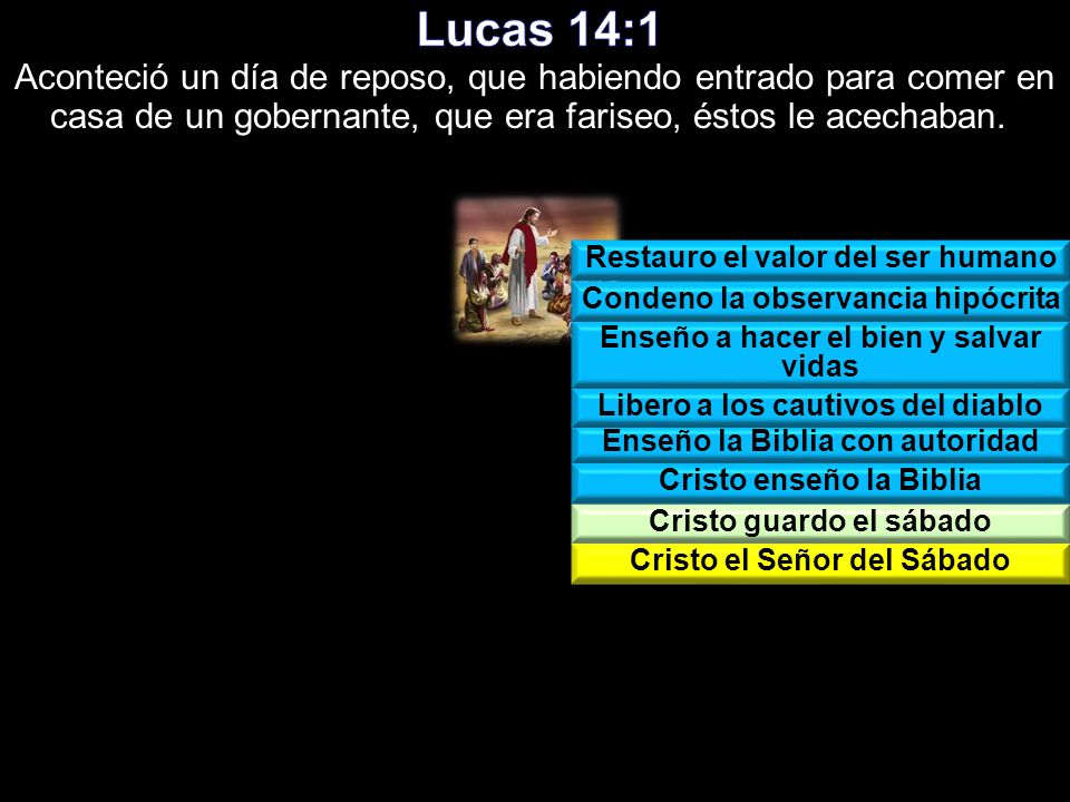 Lucas 14:1 Aconteció un día de reposo, que habiendo entrado para comer en casa de un gobernante, que era fariseo, éstos le acechaban.