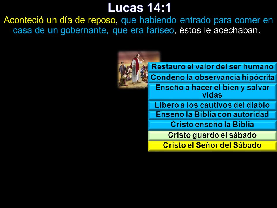 Lucas 14:1 Aconteció un día de reposo, que habiendo entrado para comer en casa de un gobernante, que era fariseo, éstos le acechaban.