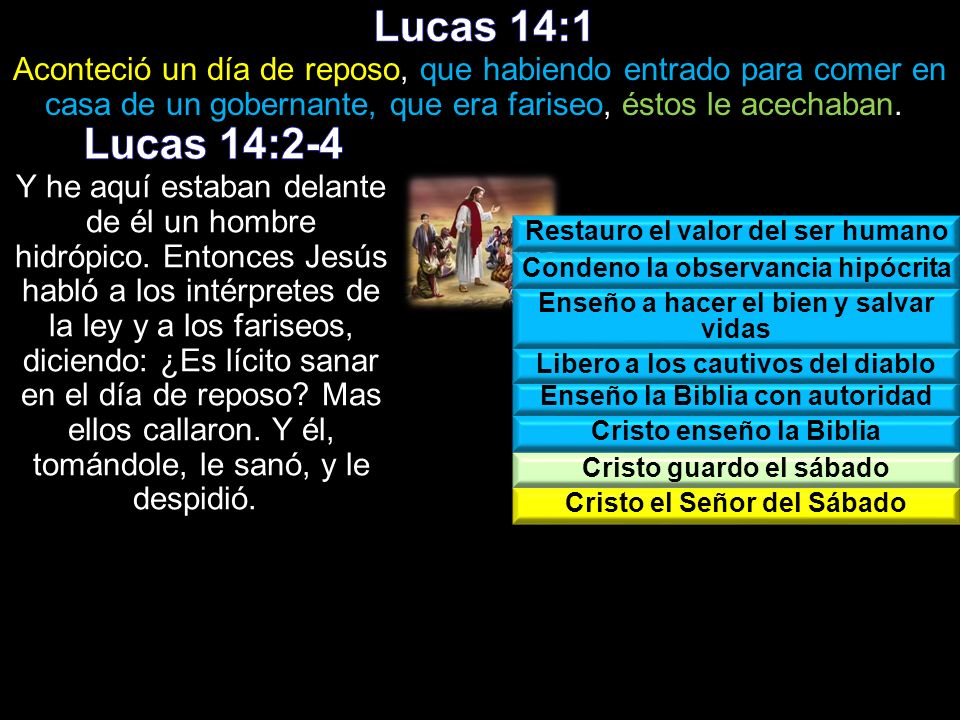 Lucas 14:1 Aconteció un día de reposo, que habiendo entrado para comer en casa de un gobernante, que era fariseo, éstos le acechaban.
