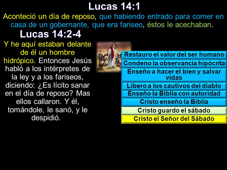 Lucas 14:1 Aconteció un día de reposo, que habiendo entrado para comer en casa de un gobernante, que era fariseo, éstos le acechaban.