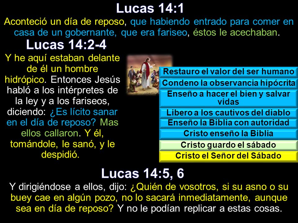 Lucas 14:1 Aconteció un día de reposo, que habiendo entrado para comer en casa de un gobernante, que era fariseo, éstos le acechaban.