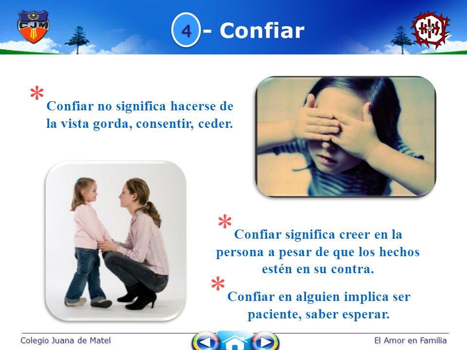 - Confiar 4. Confiar no significa hacerse de la vista gorda, consentir, ceder.