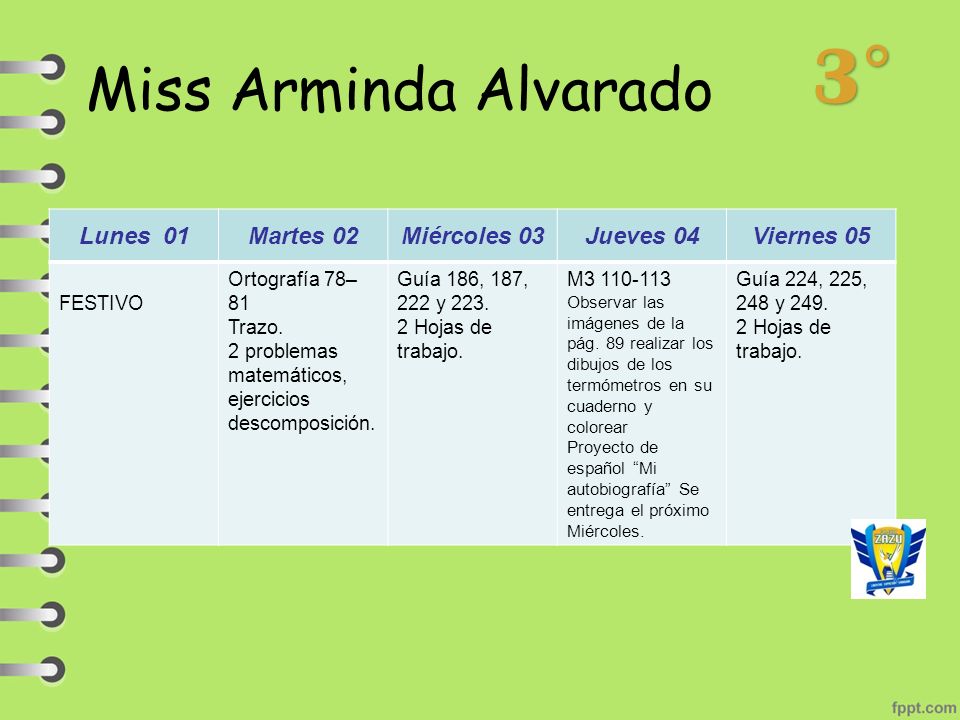 3° Miss Arminda Alvarado Lunes 01 Martes 02 Miércoles 03 Jueves 04